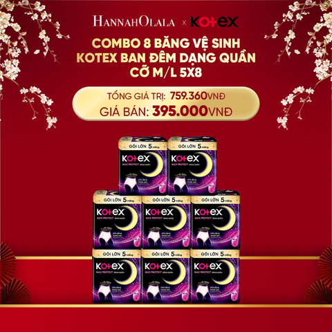  DEAL 7: COMBO 8 BĂNG VỆ SINH KOTEX BAN ĐÊM DẠNG QUẦN CỠ M/L 5X8 