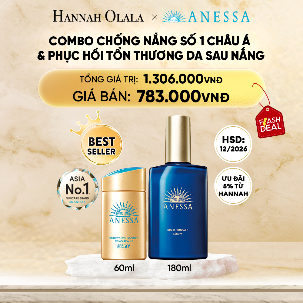 DEAL 7: COMBO SỮA CHỐNG NẮNG & SERUM PHỤC HỒI TỔN THƯƠNG SAU NẮNG CHO MẶT - TOÀN THÂN ANESSA GOLD MILK 60ML + NIGHT SERUM 180ML
HSD: 25/12/2026 