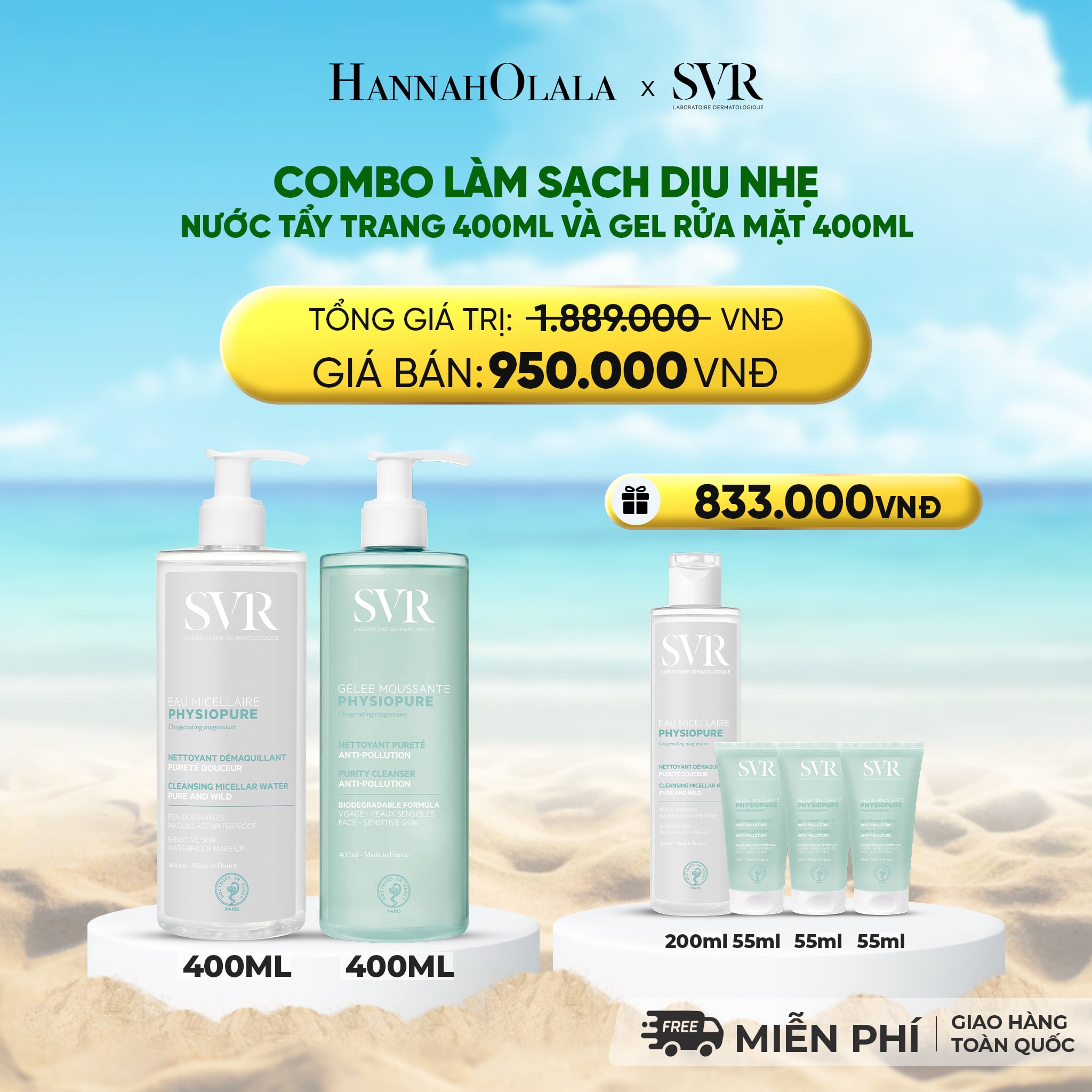 A378_deal 07: combo làm sạch dịu nhẹ nước tẩy trang physiopure eau micellaire 400ml và gelee moussante 400ml