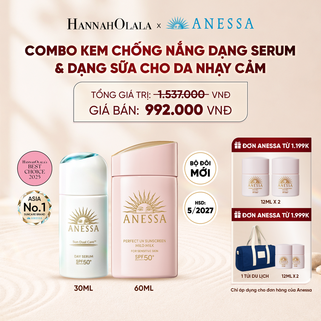 COMBO SERUM CHỐNG NẮNG & SỮA CHỐNG NẮNG BẢO VỆ VÀ DƯỠNG DA AN TOÀN CHO DA NHẠY CẢM ANESSA DAY SERUM 30ML + MILD MILK 60ML HSD: 24/05/2027 - DEAL 7 