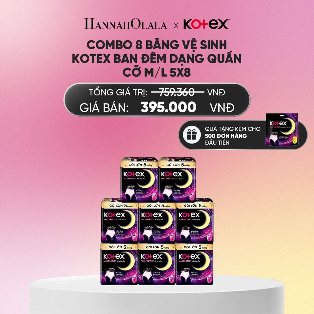  COMBO 8 BĂNG VỆ SINH KOTEX BAN ĐÊM DẠNG QUẦN CỠ M/L 5X8_A1322 