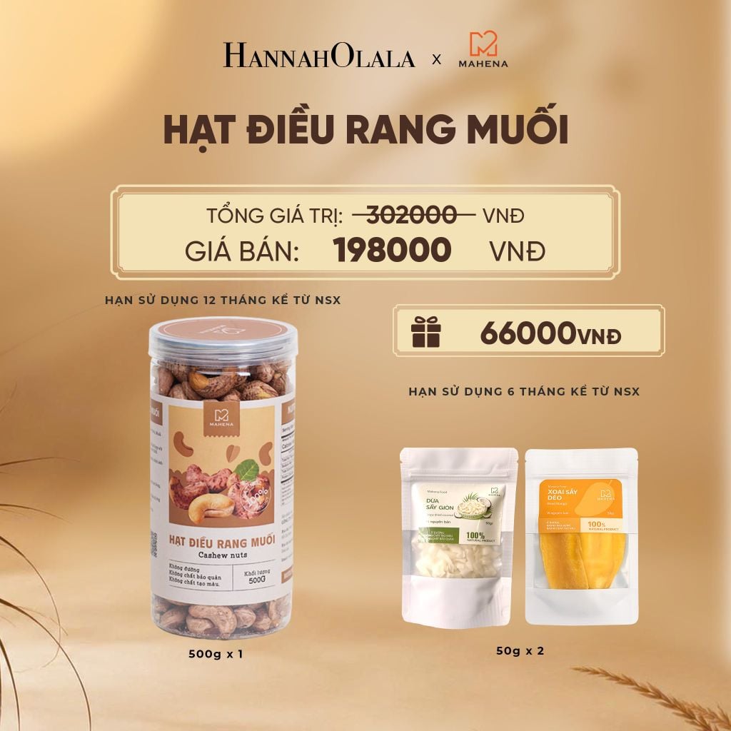  HẠT ĐIỀU RANG MUỐI 500G TẶNG 1 XOÀI SẤY DẺO 50G VÀ 1 DỪA SẤY GIÒN 50G DEAL 9: - E140 