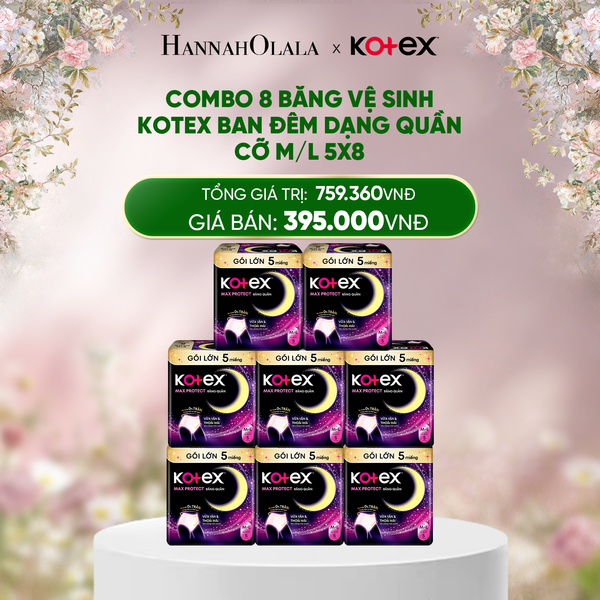 E999_DEAL 7: COMBO 8 BĂNG VỆ SINH KOTEX BAN ĐÊM DẠNG QUẦN CỠ M/L 5X8 