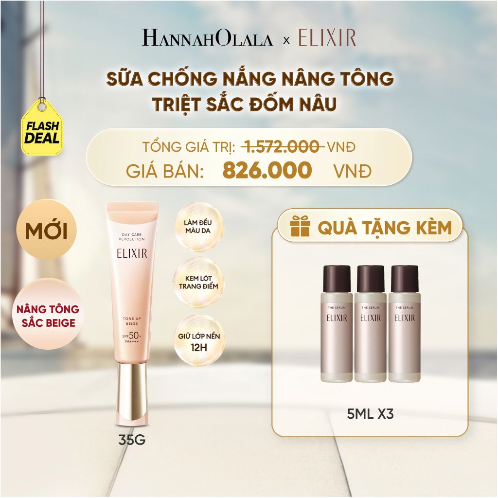  (FLASHSALE) [SẮC BEIGE MỚI] KEM CHỐNG NẮNG DẠNG SỮA NÂNG TÔNG CHỐNG LÃO HÓA TRIỆT SẮC ĐỐM NÂU ELIXIR DAY CARE REVOLUTION TONE-UP PURE BEIGE 35G - DEAL 7 