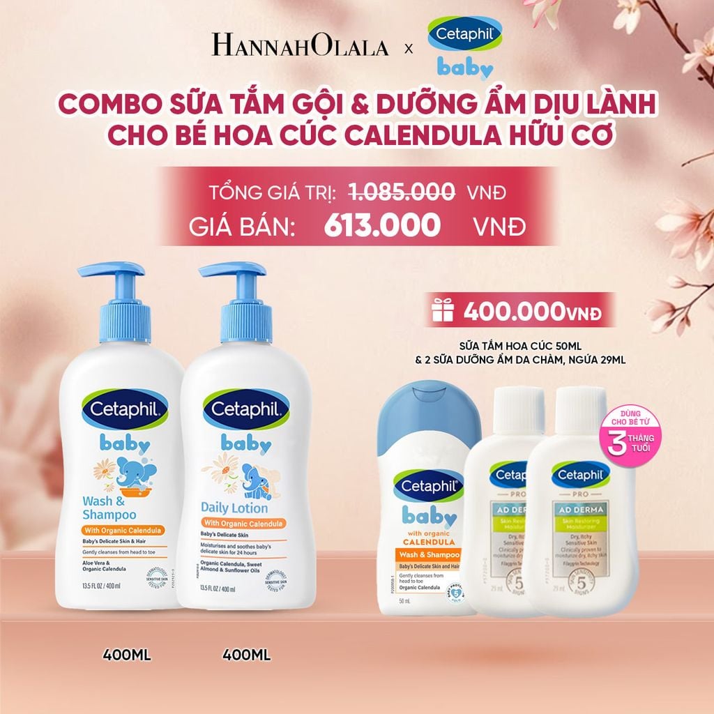  BỘ SỮA TẮM GỘI 400ML + SỮA DƯỠNG ẨM 400ML CETAPHIL BABY WITH ORGANIC CALENDULA DEAL 7: - A802 
