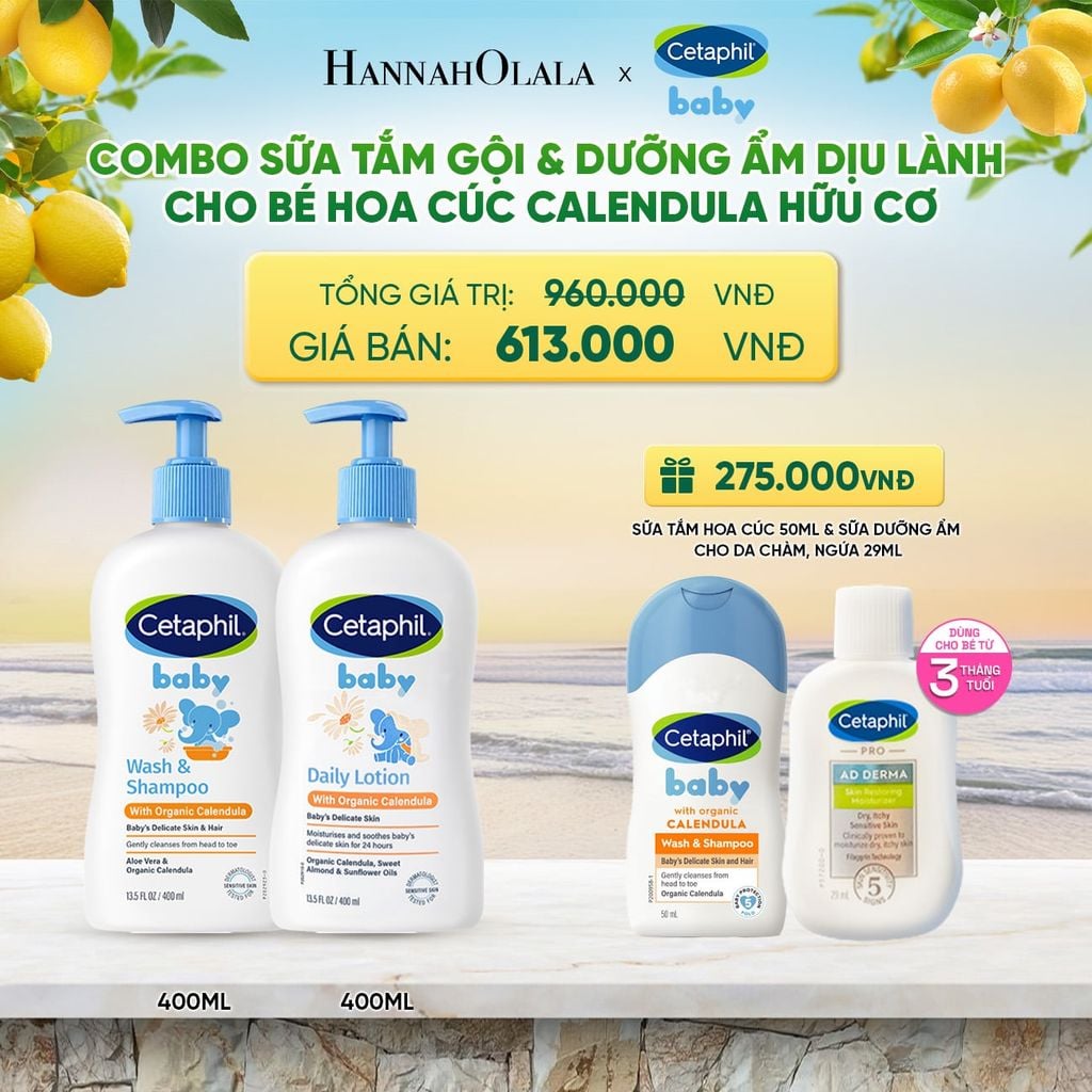  BỘ SỮA TẮM GỘI 400ML + SỮA DƯỠNG ẨM 400ML CETAPHIL BABY WITH ORGANIC CALENDULA DEAL 7: 