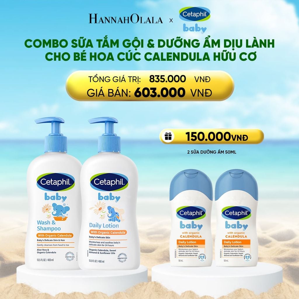  BỘ SỮA TẮM GỘI 400ML + SỮA DƯỠNG ẨM 400ML CETAPHIL BABY WITH ORGANIC CALENDULA 