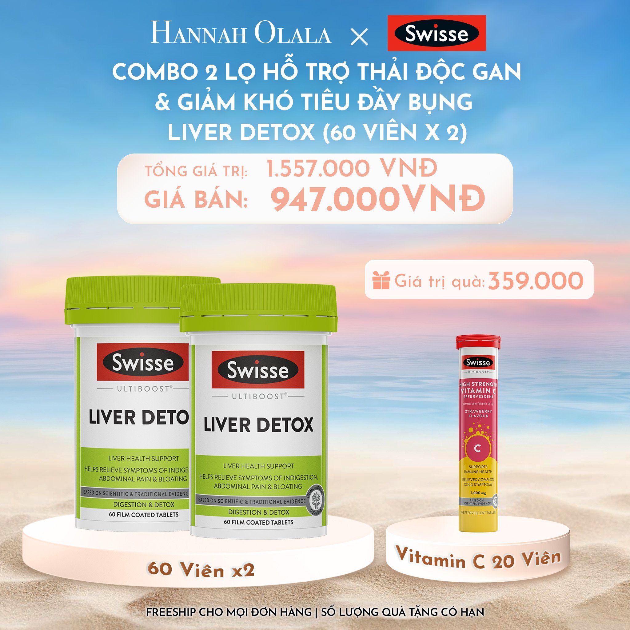  C902_DEAL 7: COMBO 2 LỌ HỖ TRỢ THẢI ĐỘC GAN & GIẢM KHÓ TIÊU ĐẦY BỤNG SWISSE ULTIBOOST LIVER DETOX 60 VIÊN/LỌ 