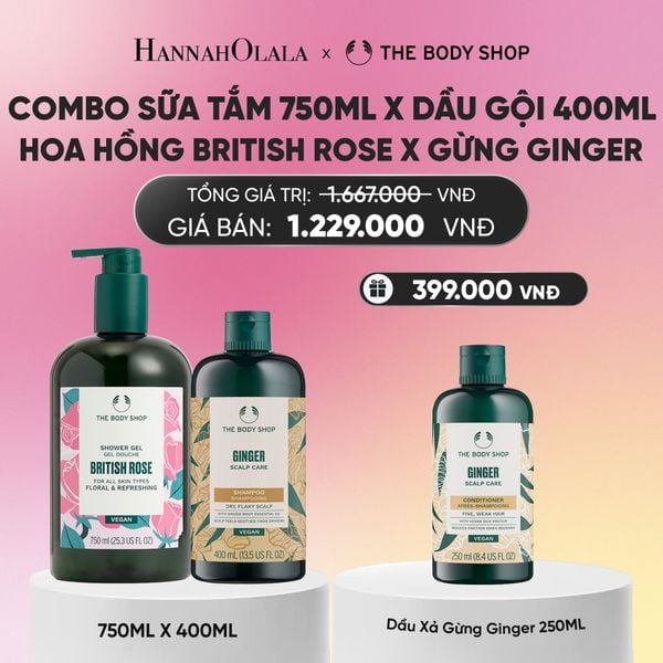  COMBO CHĂM DƯỠNG TOÀN THÂN - SỮA TẮM HƯƠNG HOA HỒNG ANH QUỐC BRITISH ROSE 750ML & DẦU GỘI GIẢM GÀU GIẢM NGỨA GINGER 400ML 