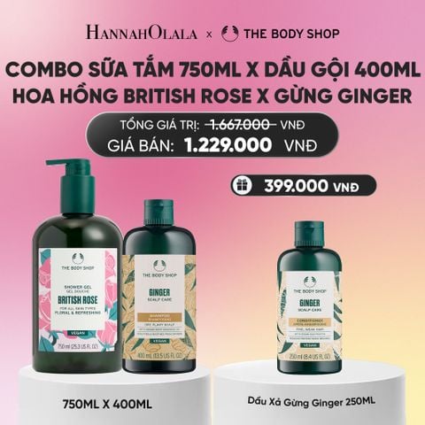  COMBO CHĂM DƯỠNG TOÀN THÂN - SỮA TẮM HƯƠNG HOA HỒNG ANH QUỐC BRITISH ROSE 750ML & DẦU GỘI GIẢM GÀU GIẢM NGỨA GINGER 400ML 