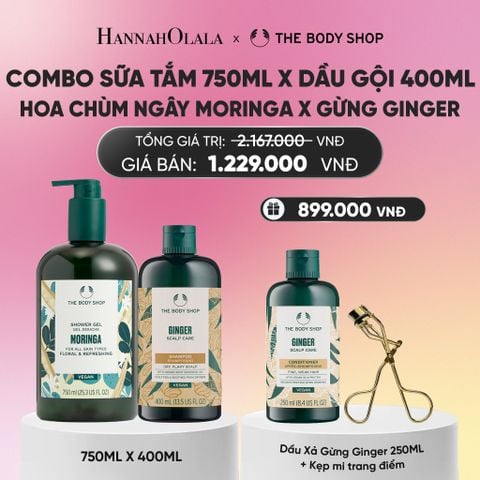 COMBO CHĂM DƯỠNG TOÀN THÂN - SỮA TẮM HƯƠNG HOA CHÙM NGÂY MORINGA 750ML & DẦU GỘI GIẢM GÀU GIẢM NGỨA GINGER 400ML_ A359 