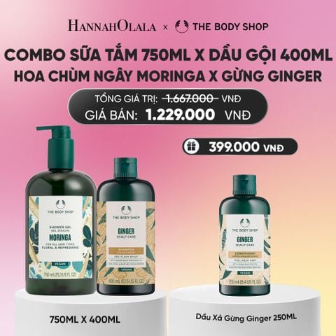  COMBO CHĂM DƯỠNG TOÀN THÂN - SỮA TẮM HƯƠNG HOA CHÙM NGÂY MORINGA 750ML & DẦU GỘI GIẢM GÀU GIẢM NGỨA GINGER 400ML 