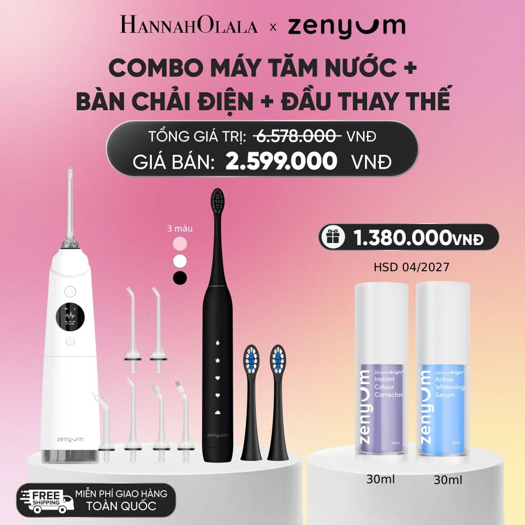  COMBO MÁY TĂM NƯỚC ZENYUM PRO + 6 ĐẦU THAY+ BÀN CHẢI ĐIỆN ZENYUM SONIC 2.0 + 2 ĐẦU THAY ÊM DỊU_A28 