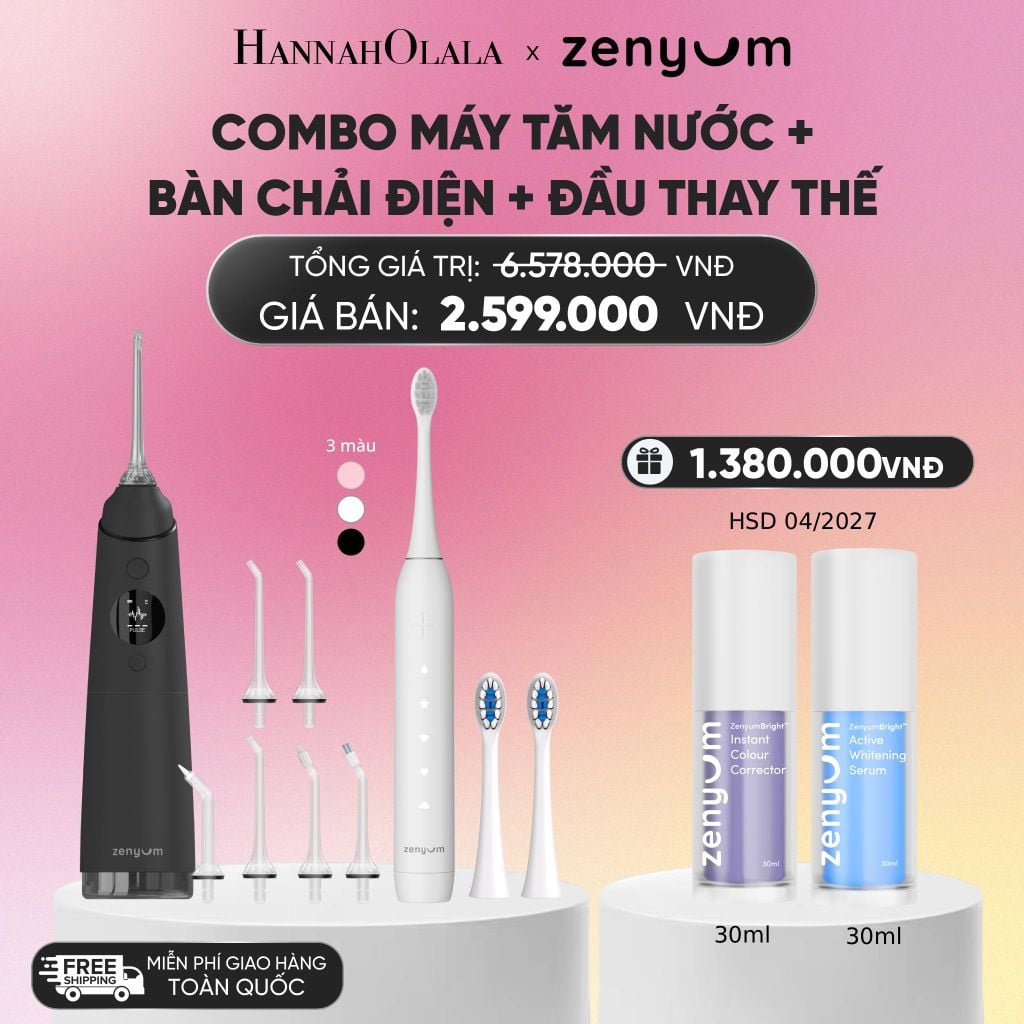  COMBO MÁY TĂM NƯỚC ZENYUM PRO + 6 ĐẦU THAY+ BÀN CHẢI ĐIỆN ZENYUM SONIC 2.0 + 2 ĐẦU THAY ÊM DỊU_A28 