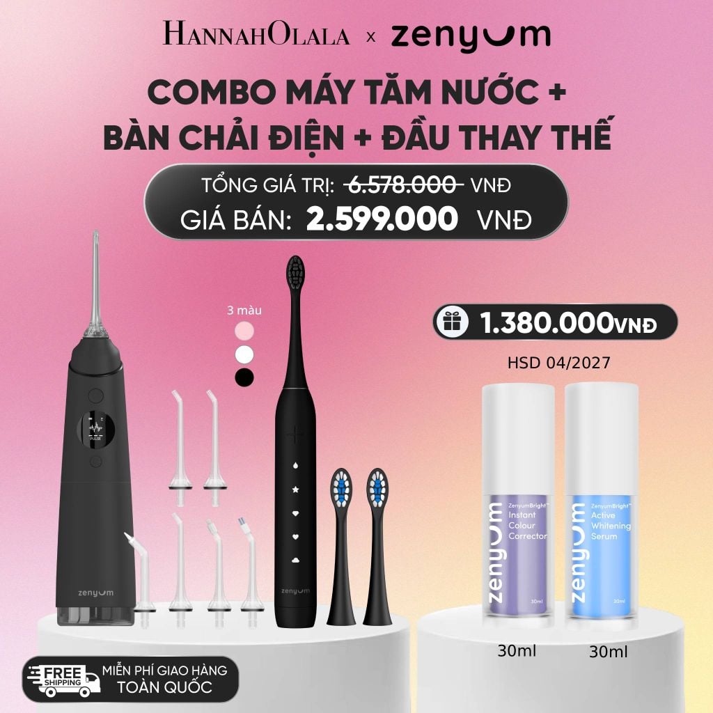  COMBO MÁY TĂM NƯỚC ZENYUM PRO + 6 ĐẦU THAY+ BÀN CHẢI ĐIỆN ZENYUM SONIC 2.0 + 2 ĐẦU THAY ÊM DỊU_A28 