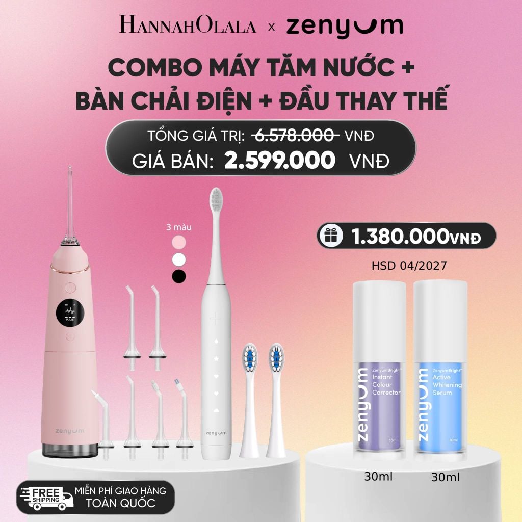  COMBO MÁY TĂM NƯỚC ZENYUM PRO + 6 ĐẦU THAY+ BÀN CHẢI ĐIỆN ZENYUM SONIC 2.0 + 2 ĐẦU THAY ÊM DỊU_A28 