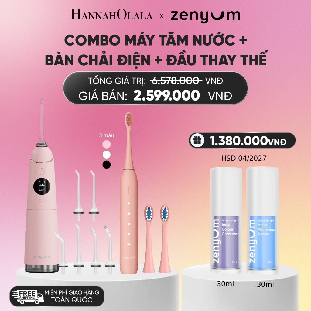  COMBO MÁY TĂM NƯỚC ZENYUM PRO + 6 ĐẦU THAY+ BÀN CHẢI ĐIỆN ZENYUM SONIC 2.0 + 2 ĐẦU THAY ÊM DỊU_A28 