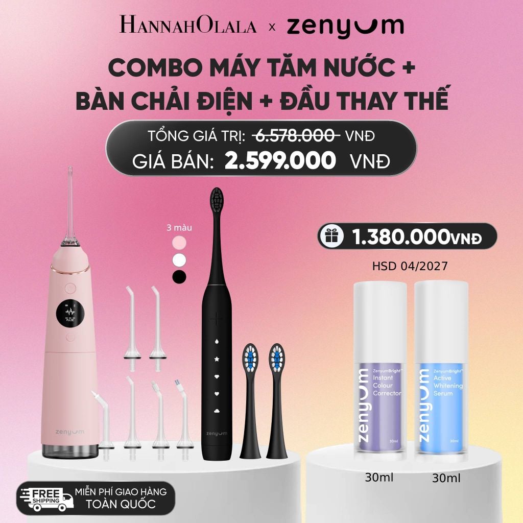 COMBO MÁY TĂM NƯỚC ZENYUM PRO + 6 ĐẦU THAY+ BÀN CHẢI ĐIỆN ZENYUM SONIC 2.0 + 2 ĐẦU THAY ÊM DỊU_A28 