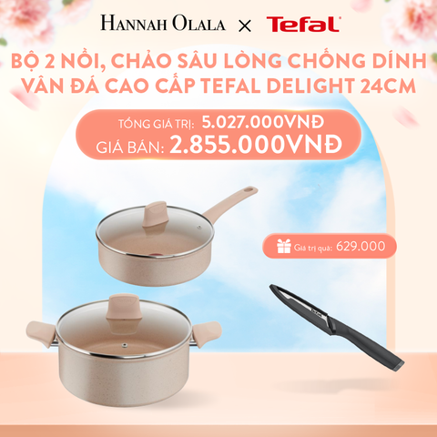  A854_DEAL 8.1: BỘ 2 NỒI, CHẢO SÂU LÒNG CHỐNG DÍNH VÂN ĐÁ CAO CẤP TEFAL DELIGHT 24CM (CHẢO 24CM, NỒI 24CM) 