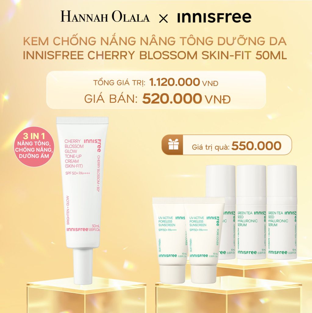  DEAL 8: KEM CHỐNG NẮNG NÂNG TÔNG DƯỠNG DA INNISFREE CHERRY BLOSSOM SKIN-FIT 50ML 