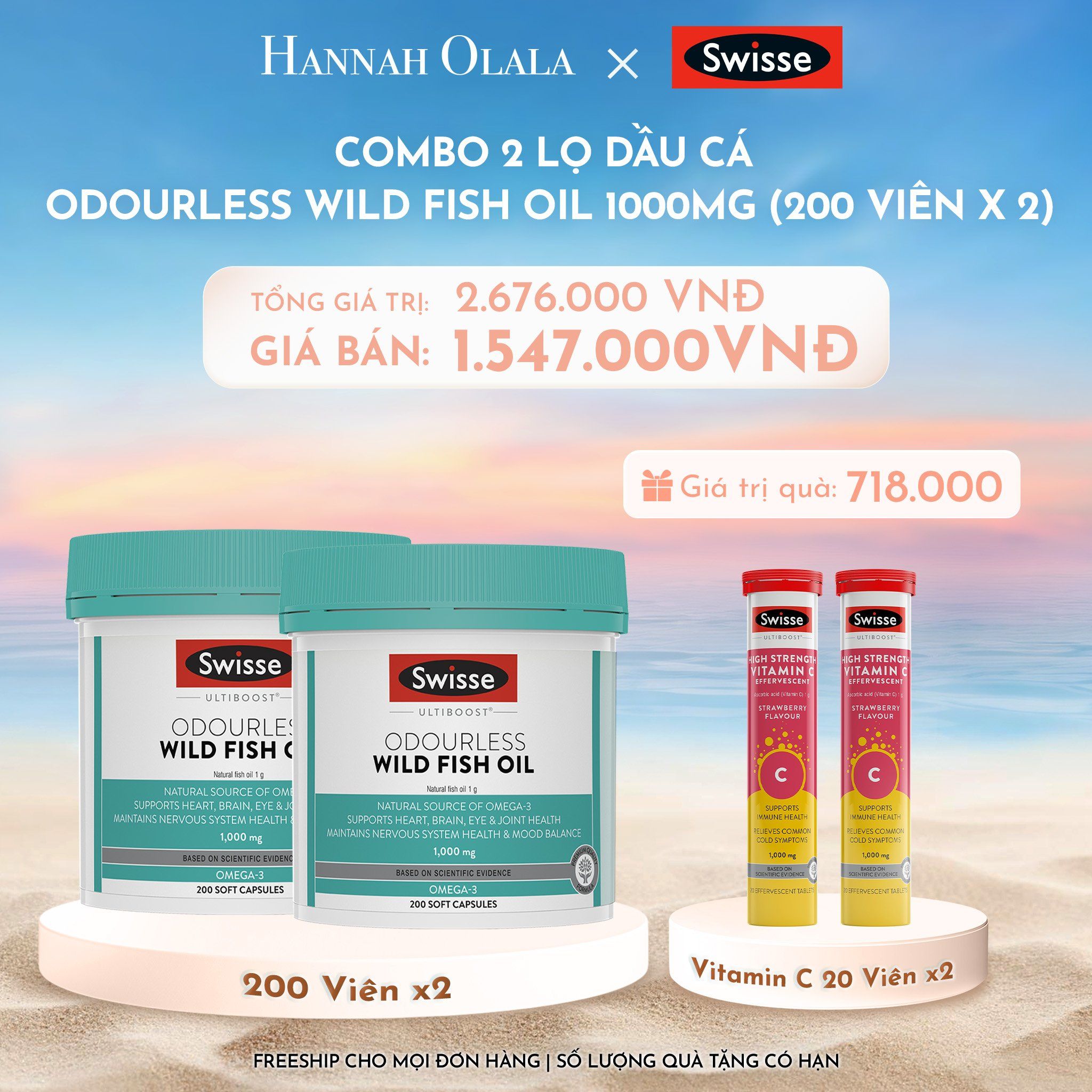  C903_DEAL 8: COMBO 2 LỌ DẦU CÁ SWISSE ULTIBOOST ODOURLESS WILD FISH OIL 1000MG 200 VIÊN/LỌ 