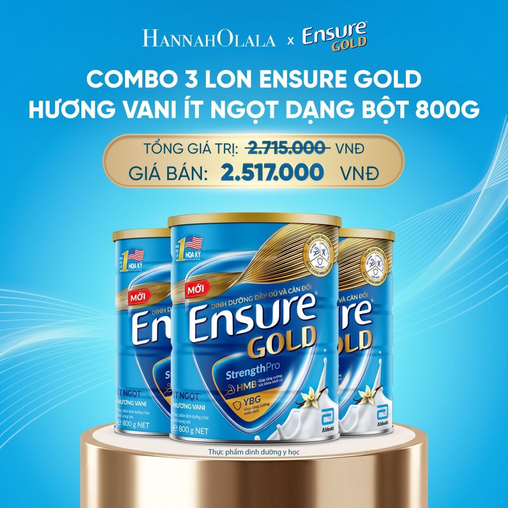  DEAL8: COMBO 3 LON ENSURE GOLD HƯƠNG VANI ÍT NGỌT DẠNG BỘT 800G 