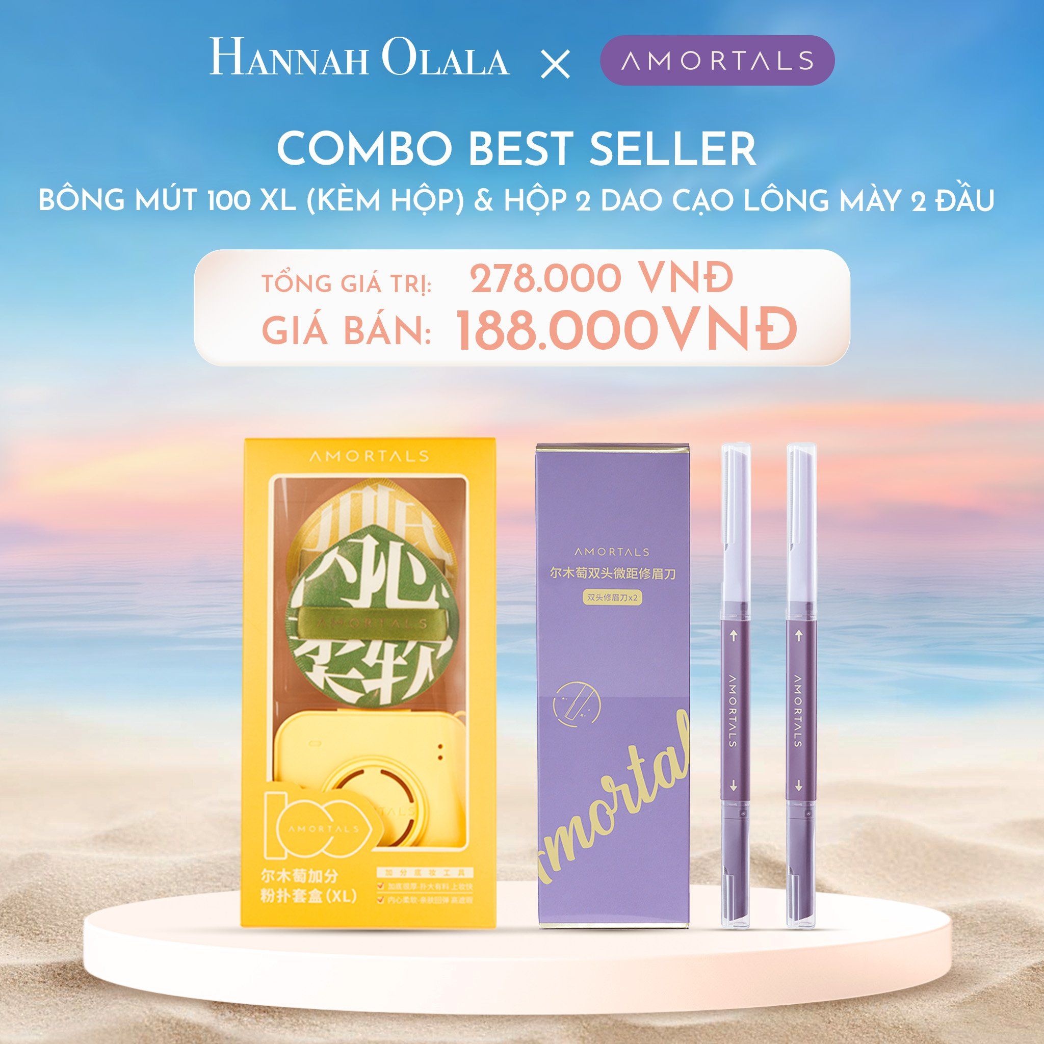  C1125_DEAL 8:COMBO BEST SELLER BÔNG MÚT AMORTALS 100 XL KÈM HỘP & HỘP 2 DAO CẠO LÔNG MÀY 2 ĐẦU CHUYÊN DỤNG AMORTALS 