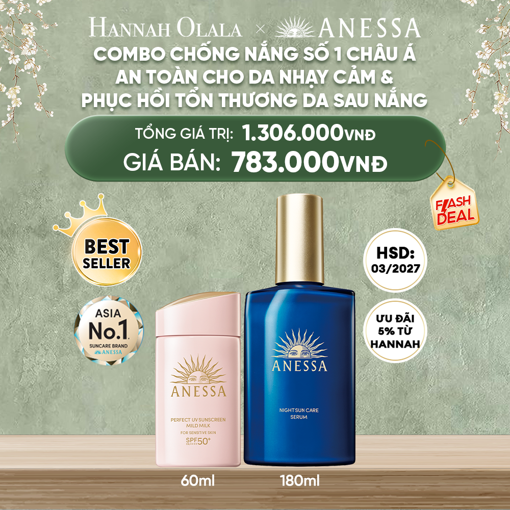  DEAL 8: COMBO KEM CHỐNG NẮNG DẠNG SỮA & SERUM PHỤC HỒI TỔN THƯƠNG SAU NẮNG AN TOÀN CHO DA NHẠY CẢM ANESSA MILD MILK 60ML + NIGHT SERUM 180ML
HSD: 29/03/2027 
