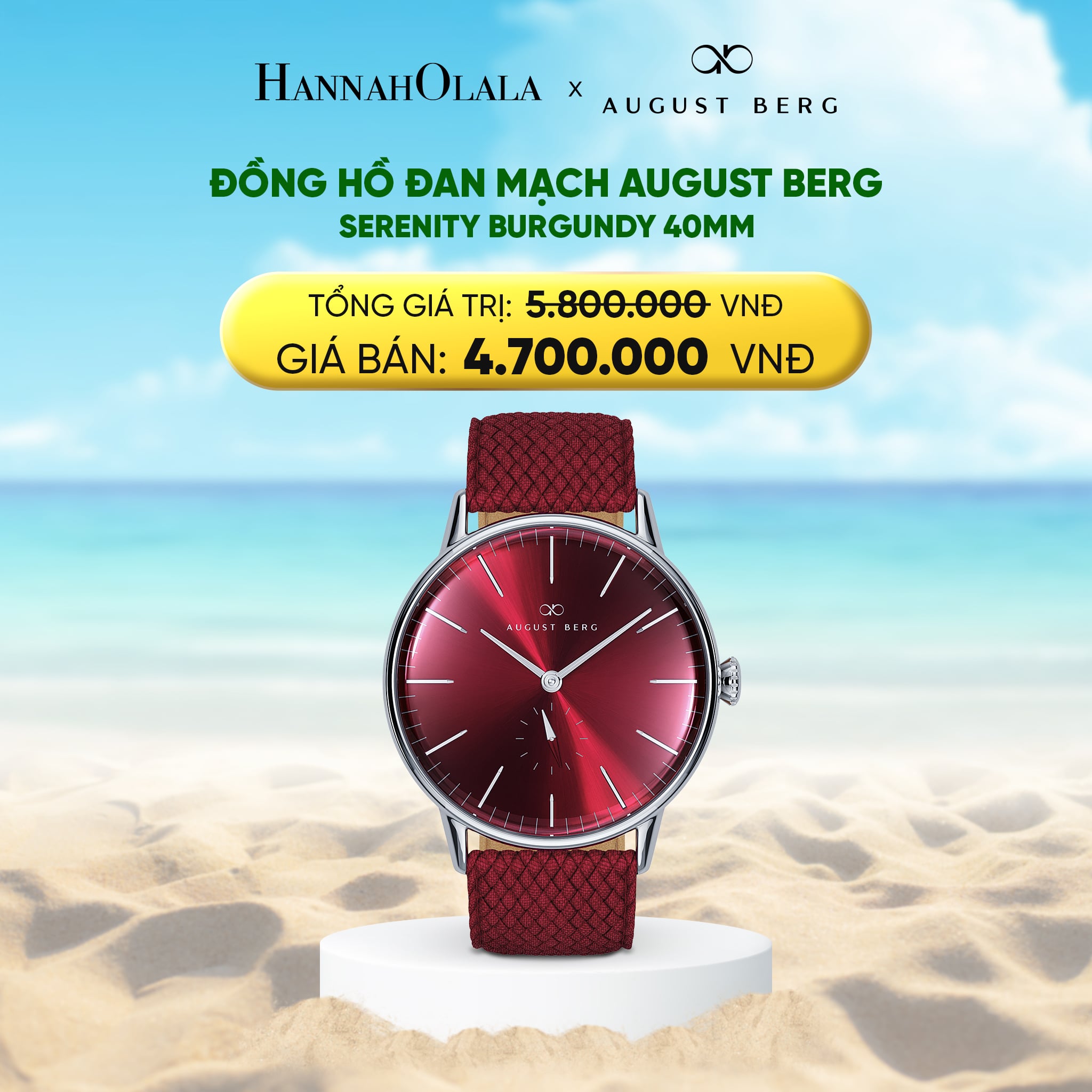 A1737_deal 8: serenity burgundy 40mm - dây perlon - màu bạc