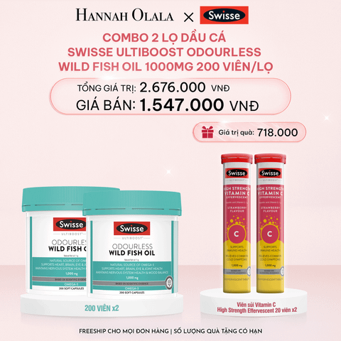  E725_DEAL 8: COMBO 2 LỌ DẦU CÁ SWISSE ULTIBOOST ODOURLESS WILD FISH OIL 1000MG 200 VIÊN/LỌ 