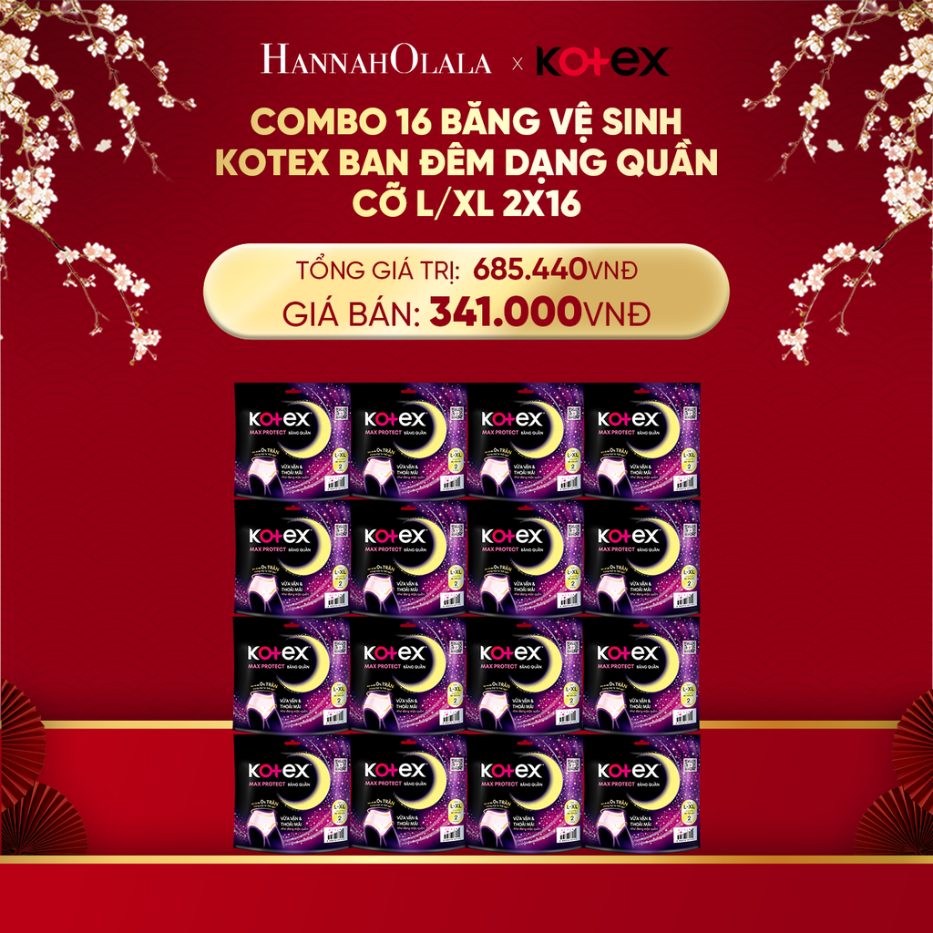  DEAL 8: COMBO 16 BĂNG VỆ SINH KOTEX BAN ĐÊM DẠNG QUẦN CỠ L/XL 2X16 