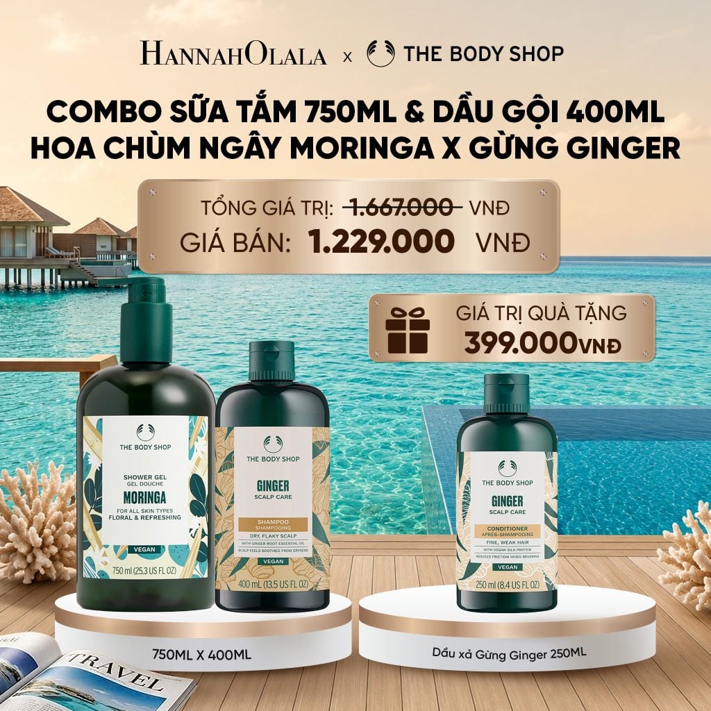  COMBO CHĂM DƯỠNG TOÀN THÂN - SỮA TẮM HOA CHÙM NGÂY MORINGA 750ML X DẦU GỘI GIẢM GÀU GIẢM NGỨA GINGER 400ML_ D995 