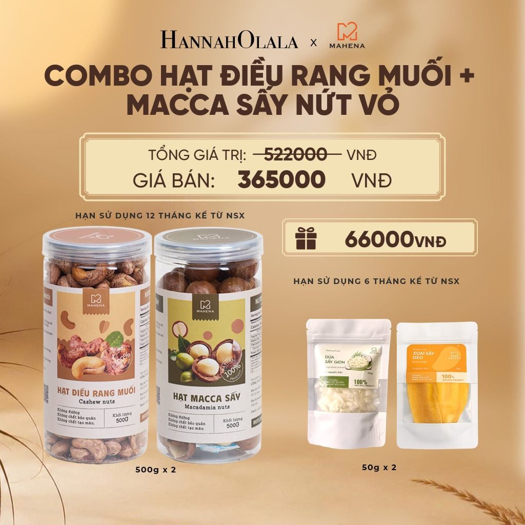  COMBO 1 HẠT ĐIỀU RANG MUỐI 500G + 1 HẠT MACCA SẤY 500G TẶNG 1 XOÀI SẤY DẺO 50G  VÀ 1 DỪA SẤY GIÒN 50G DEAL 10: - E141 