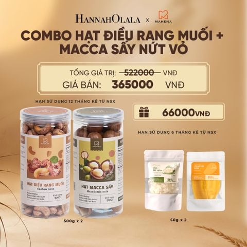  COMBO 1 HẠT ĐIỀU RANG MUỐI 500G + 1 HẠT MACCA SẤY 500G TẶNG 1 XOÀI SẤY DẺO 50G  VÀ 1 DỪA SẤY GIÒN 50G DEAL 10: - E141 