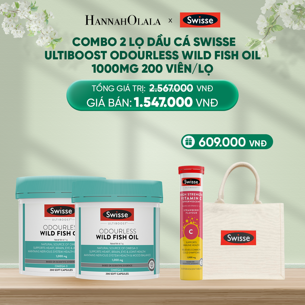 DEAL 8: COMBO 2 LỌ DẦU CÁ SWISSE ULTIBOOST ODOURLESS WILD FISH OIL 1000MG 200 VIÊN/LỌ 