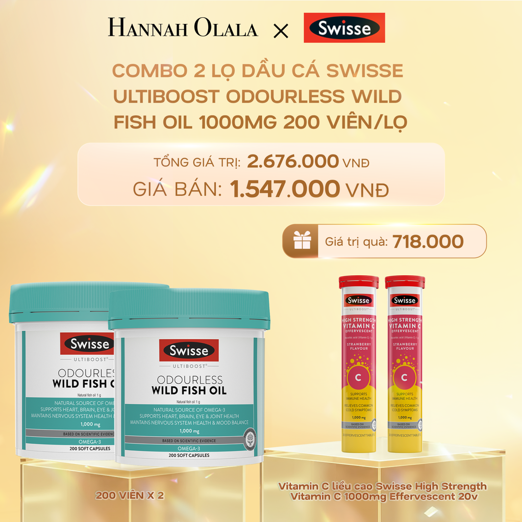  DEAL 8: COMBO 2 LỌ DẦU CÁ SWISSE ULTIBOOST ODOURLESS WILD FISH OIL 1000MG 200 VIÊN/LỌ 
