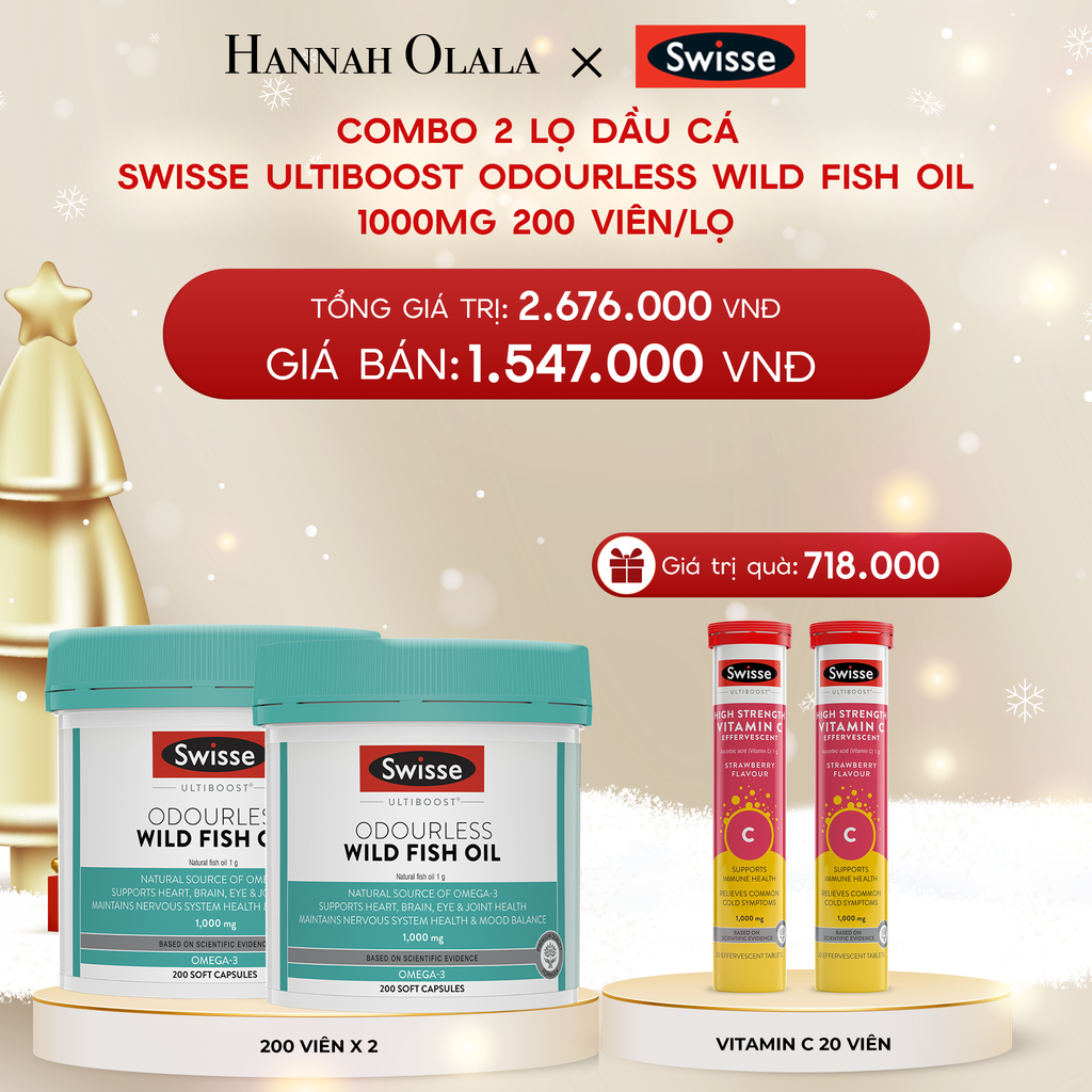  DEAL 8: COMBO 2 LỌ DẦU CÁ SWISSE ULTIBOOST ODOURLESS WILD FISH OIL 1000MG 200 VIÊN/LỌ 