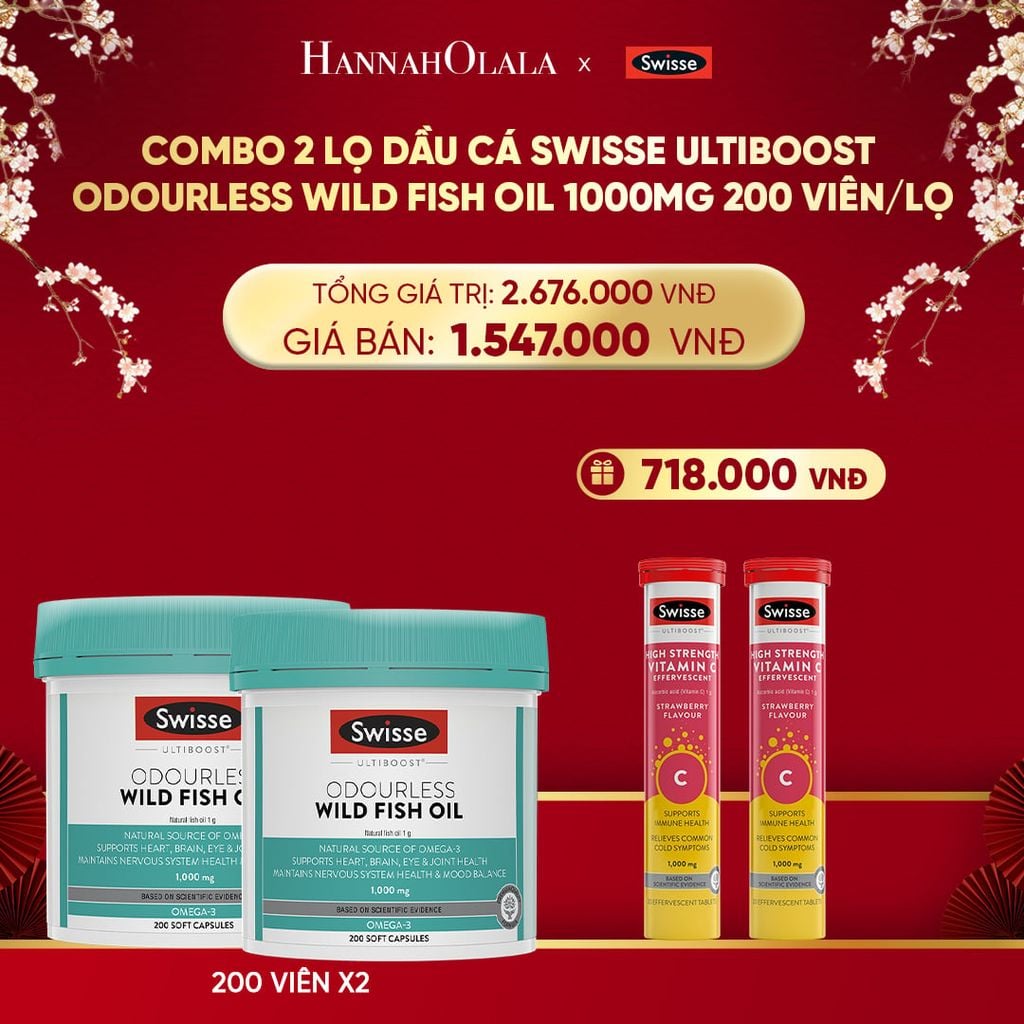  DEAL 8: COMBO 2 LỌ DẦU CÁ SWISSE ULTIBOOST ODOURLESS WILD FISH OIL 1000MG 200 VIÊN/LỌ 