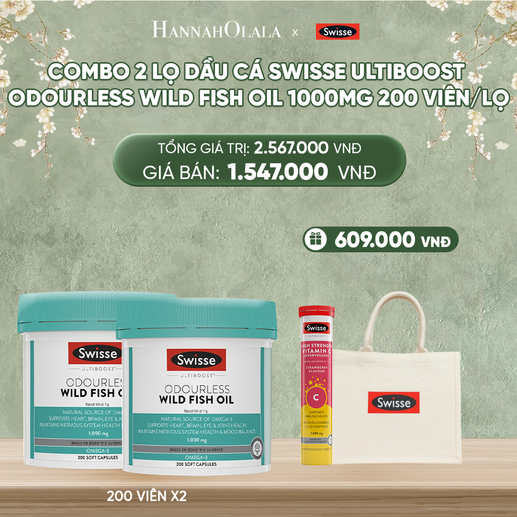  DEAL 8: COMBO 2 LỌ DẦU CÁ SWISSE ULTIBOOST ODOURLESS WILD FISH OIL 1000MG 200 VIÊN/LỌ 