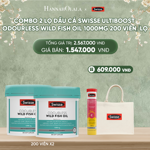  DEAL 8: COMBO 2 LỌ DẦU CÁ SWISSE ULTIBOOST ODOURLESS WILD FISH OIL 1000MG 200 VIÊN/LỌ 
