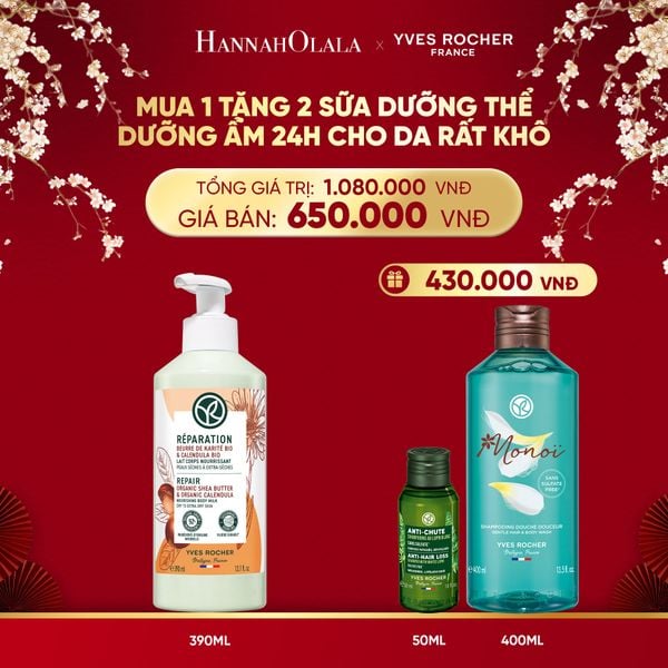 DEAL 9: MUA 1 TẶNG 2 - MUA SỮA DƯỠNG THỂ DƯỠNG ẨM 24H CHO DA RẤT KHÔ TẶNG SỮA TẮM HƯƠNG HOA TIARÉ MONOI + MINI DẦU GỘI GIẢM TÓC GÃY RỤNG 