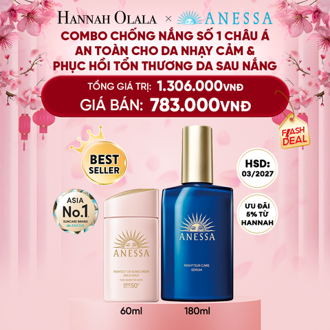  DEAL 8: COMBO SỮA CHỐNG NẮNG & SERUM PHỤC HỒI TỔN THƯƠNG SAU NẮNG AN TOÀN CHO DA NHẠY CẢM ANESSA MILD MILK 60ML + NIGHT SERUM 180ML
HSD: 29/03/2027 