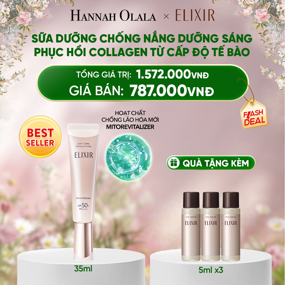  DEAL 8: [THẾ HỆ MỚI] KEM CHỐNG NẮNG DẠNG SỮA DƯỠNG SÁNG PHỤC HỒI COLLAGEN TỪ CẤP ĐỘ TẾ BÀO ELIXIR DAY CARE REVOLUTION SPF50+ 35ML 