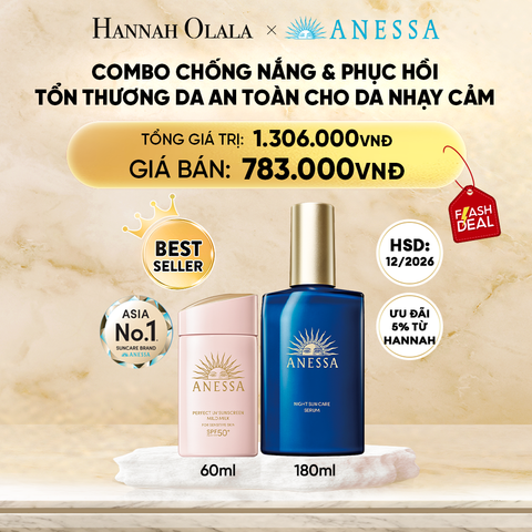  DEAL 8: COMBO SỮA CHỐNG NẮNG & SERUM PHỤC HỒI TỔN THƯƠNG SAU NẮNG AN TOÀN CHO DA NHẠY CẢM ANESSA MILD MILK 60ML + NIGHT SERUM 180ML
HSD: 29/03/2027 