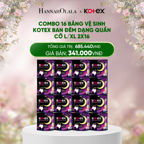  E998_DEAL 8: COMBO 16 BĂNG VỆ SINH KOTEX BAN ĐÊM DẠNG QUẦN CỠ L/XL 2X16 