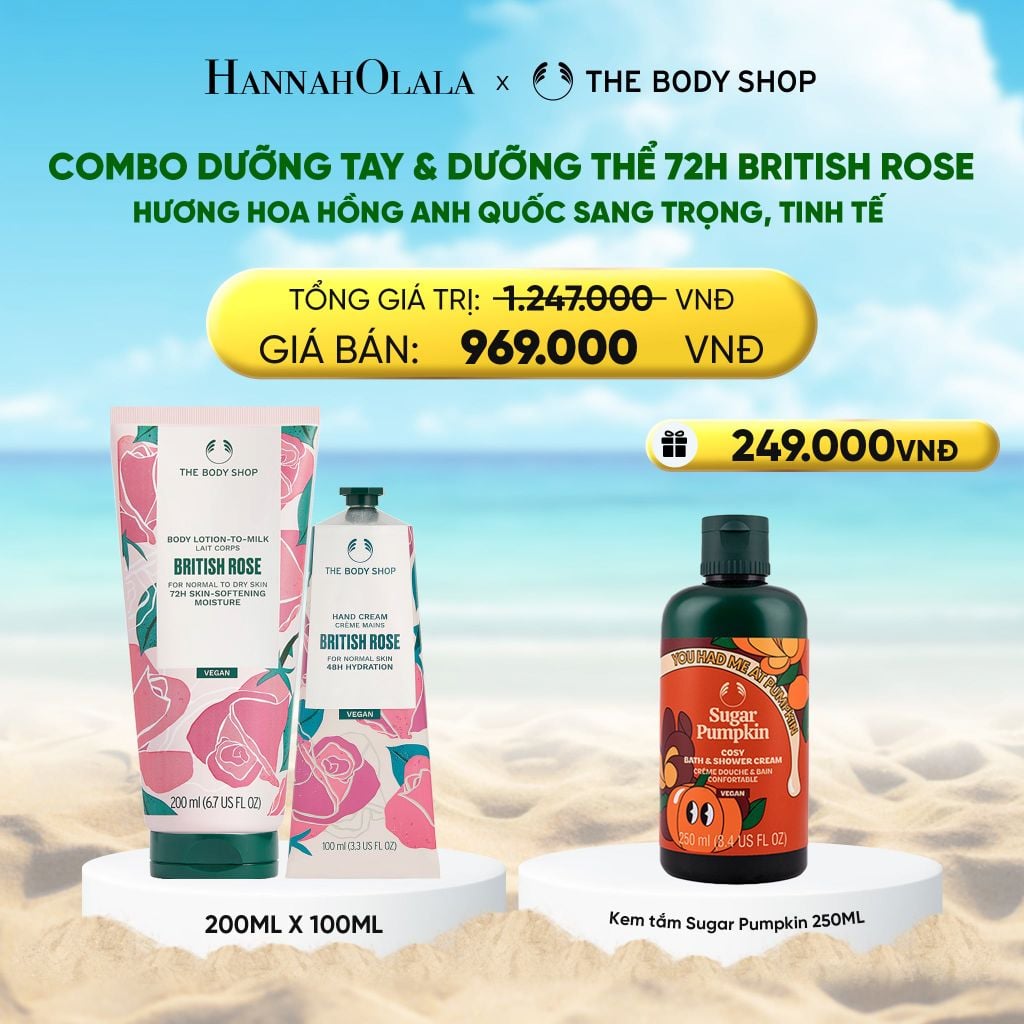  DEAL 8: COMBO DƯỠNG THƠM HƯƠNG HOA HỒNG ANH QUỐC BRITISH ROSE - KEM DƯỠNG TAY 100ML & DƯỠNG THỂ 200ML 