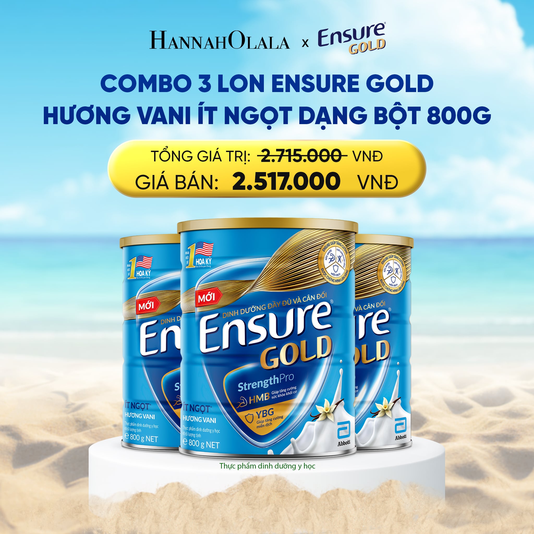 A1224_deal 8: combo 3 lon ensure gold hương vani ít ngọt dạng bột 800g