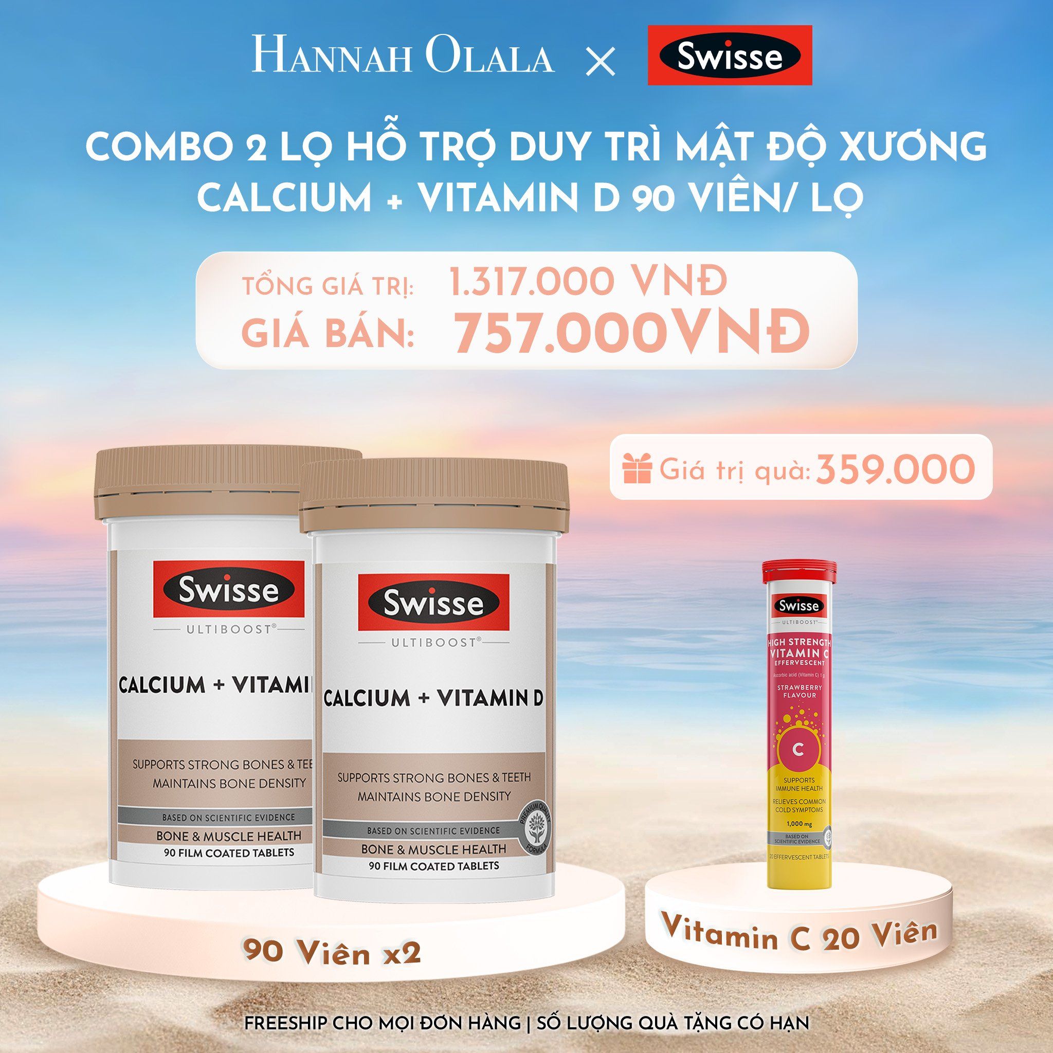  C904_DEAL 9: COMBO 2 LỌ HỖ TRỢ DUY TRÌ MẬT ĐỘ XƯƠNG SWISSE ULTIBOOST CALCIUM + VITAMIN D 90 VIÊN/ LỌ 