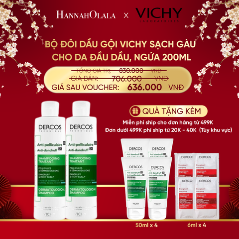  A1650_DEAL 9 BỘ ĐÔI DẦU GỘI VICHY SẠCH GÀU CHO DA ĐẦU DẦU, NGỨA DERCOS ANTI DANDRUFF 200ML 