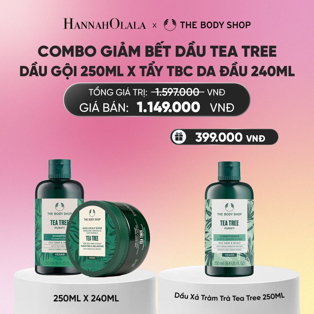  COMBO LÀM SẠCH TÓC BẾT & CÂN BẰNG DA ĐẦU NHỜN TEA TREE - TẨY TẾ BÀO CHẾT DA ĐẦU 240ML & DẦU GỘI 250ML 